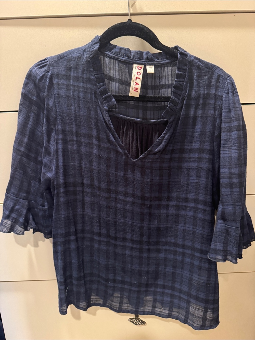 Anthropologie Dolan Navy Plaid Ruffle-Trim V-Neck Blouse